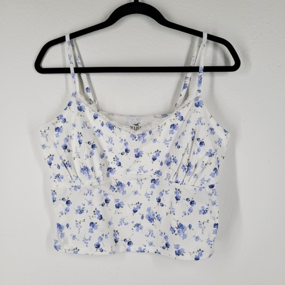 Hollister California Womens Camisole Top White Blue Floral Lace‎ Trim Size XL